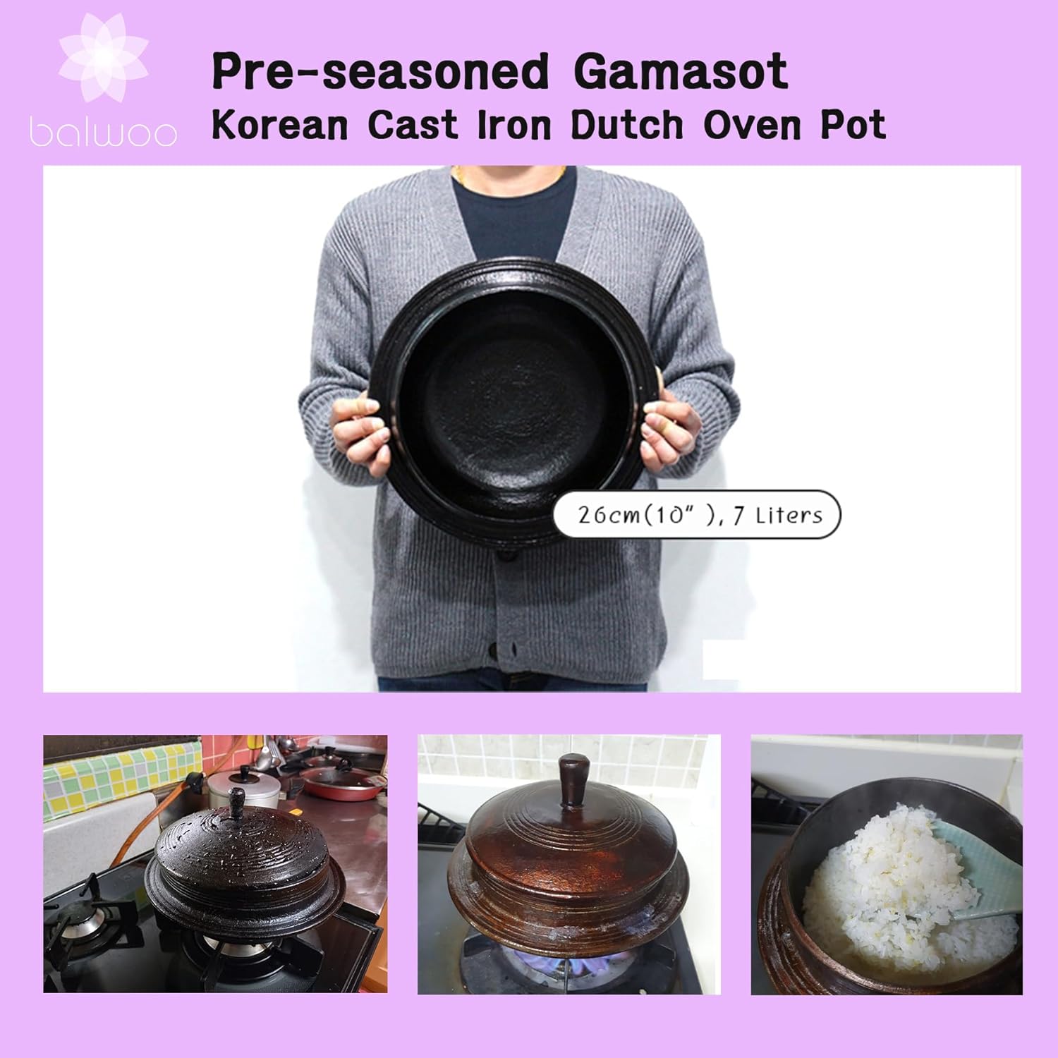 Korean Cast Iron Cauldron Pot Gamasot / 1.8 Liter(2 Quart) / Perilla Oil Pre-seasoned Dutch Oven, Induction Compatible, Handcrafted Non-chemical Coating Pot Stockpot Casserole (D16cm(6.3"))
