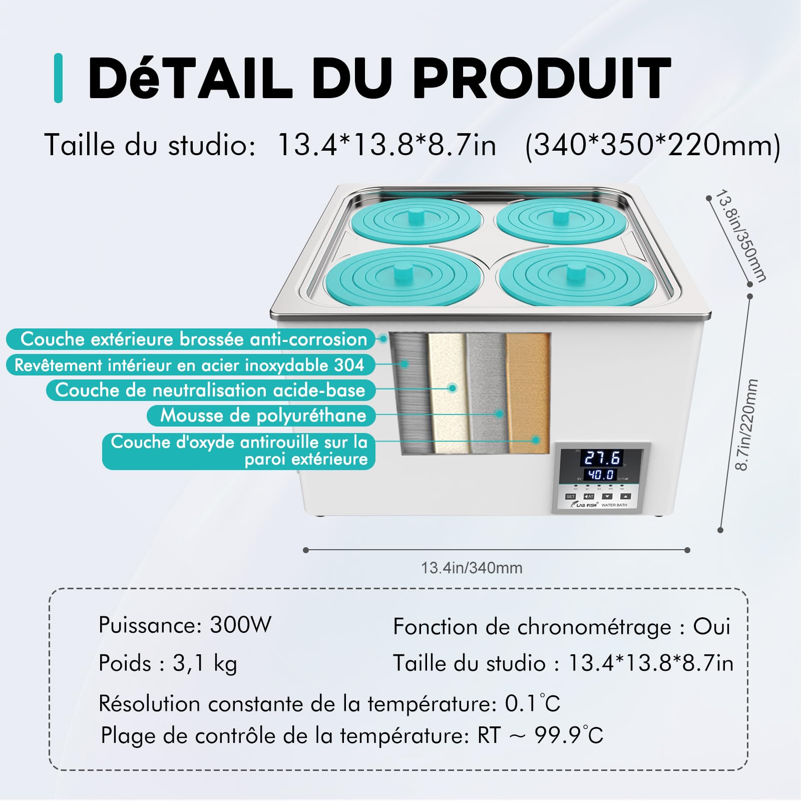 LABFISH Bain-marie numérique de laboratoire Capacité 12L Chauffage thermostatique Doublure en acier inoxydable 4 ouvertures