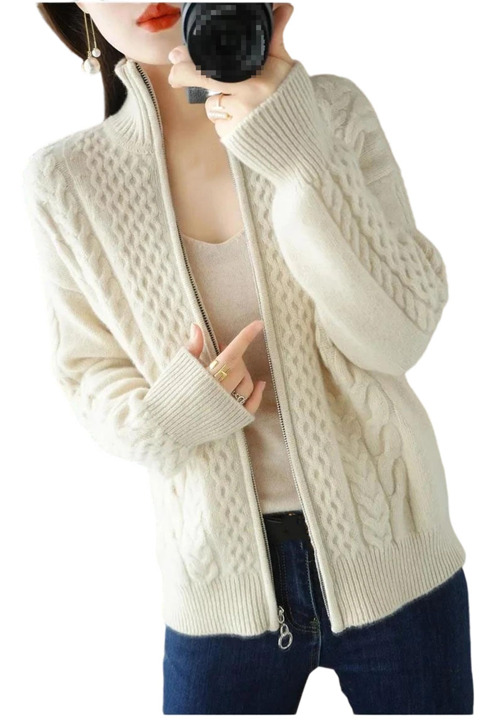 Women High Collar Zip Knit Cardigan Spring Autumn Soft Casual Sweater Coat