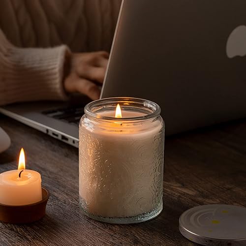 Miniatura 39 de Art Secret Paquete de 9 tarros de vela de vidrio en relieve de 8 onzas con tapas y etiquetas, diseño de estrellas de sol y luna (gris)