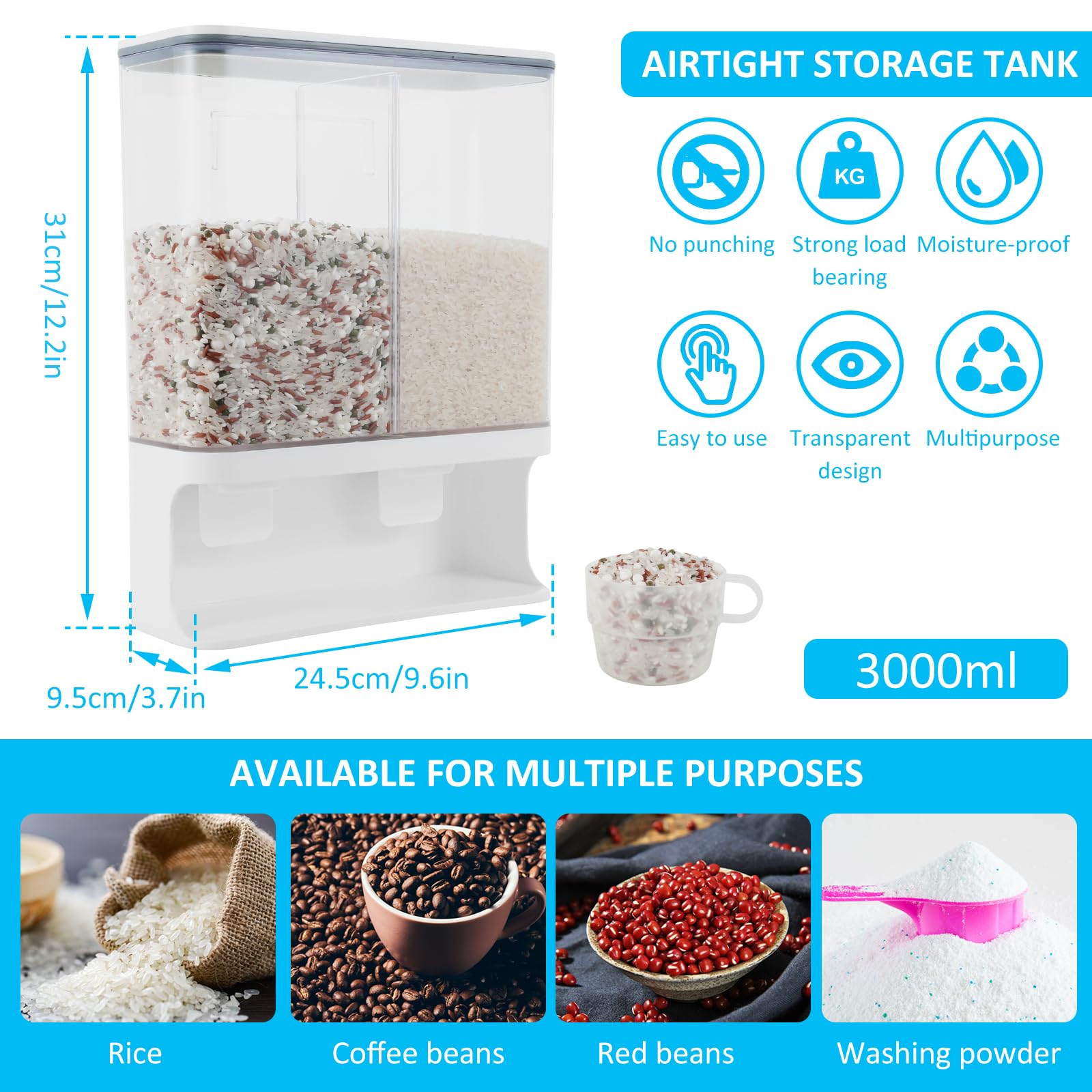 Contenitore per riso, 1500 ml, dispenser sigillato da parete, con coperchio e tazza, per cucina, design trasparente, organizer salvaspazio per alimenti