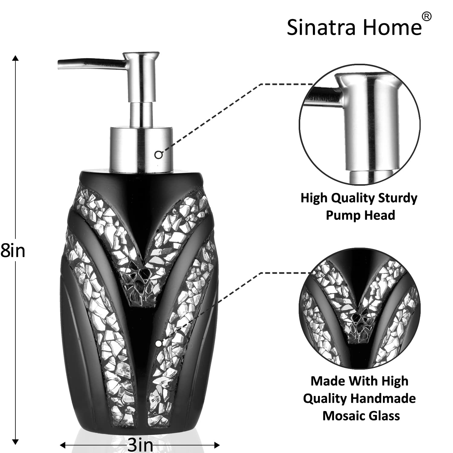 Sinatra - Dispensador de jabón negro / bomba de loción clásica de lujo, decoración contemporánea, color negro para baño con este diseño único elegante decoración brillante mosaico 4