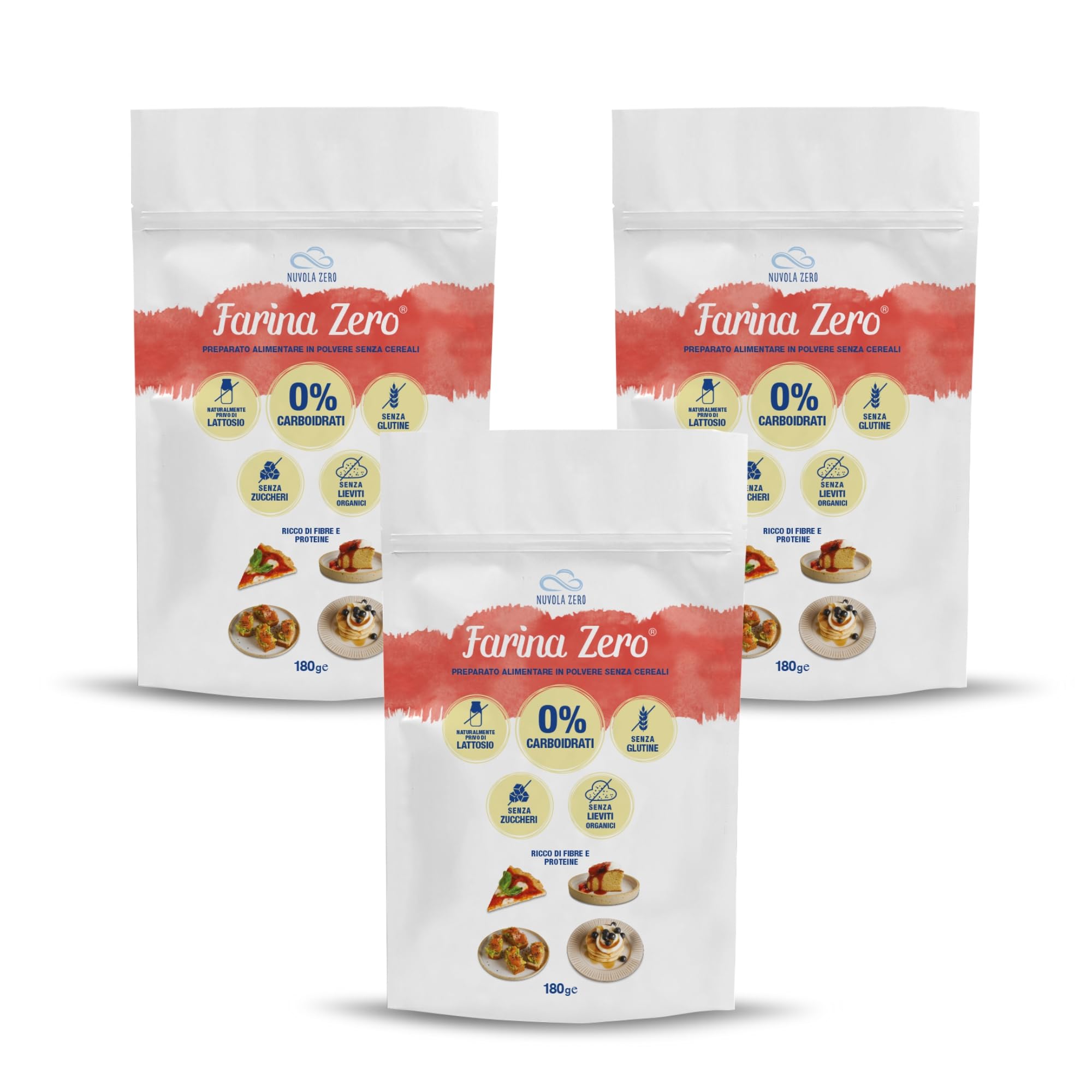 Nuvola Zero Farina Zero Sin Gluten 180g Paquete 3 Piezas para Pasta Pizzas Pasteles Pan