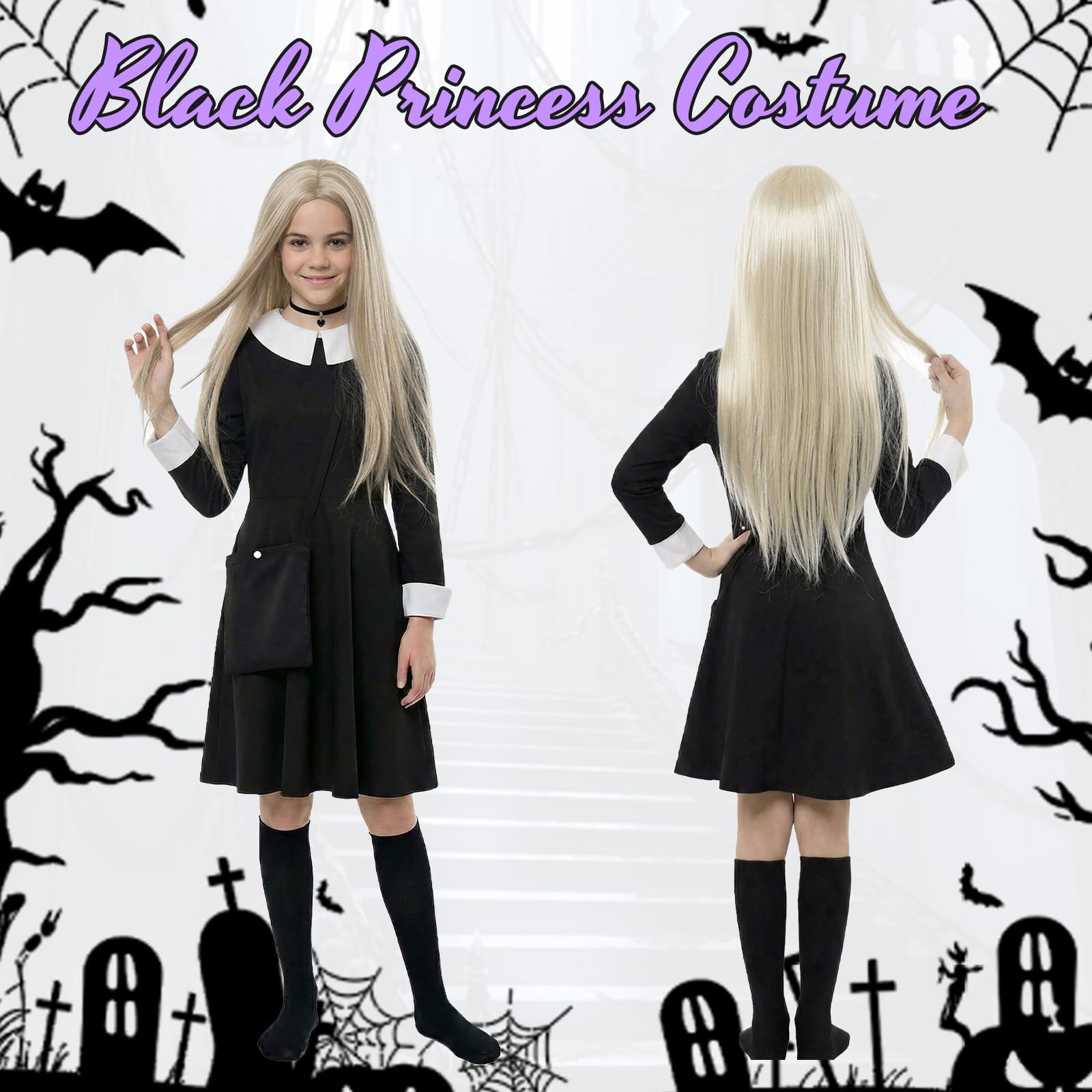 YAEGIMHT 5PCS Black Gothic Princess Costume Set for Girls Kids Fancy Dress Outfit with Skirt, Wig, Socks - Image 4