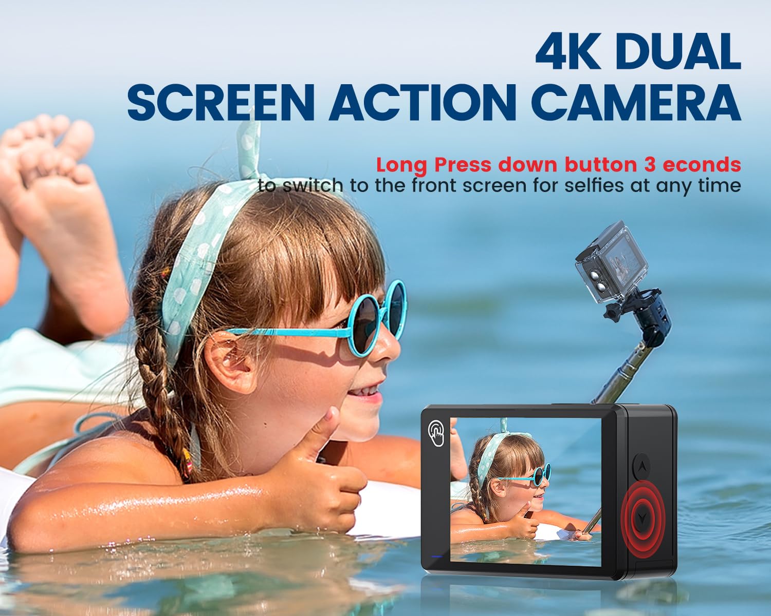 Action Cam 4K a Doppio Schermo, 48MP WIFI Videocmera con Scheda SD da 64GB,131ft Fotocamera Subacquea, 170° Telecamera Moto con Telecomando, Microfono, 2 Batterie,Accessori Multifunzione.
