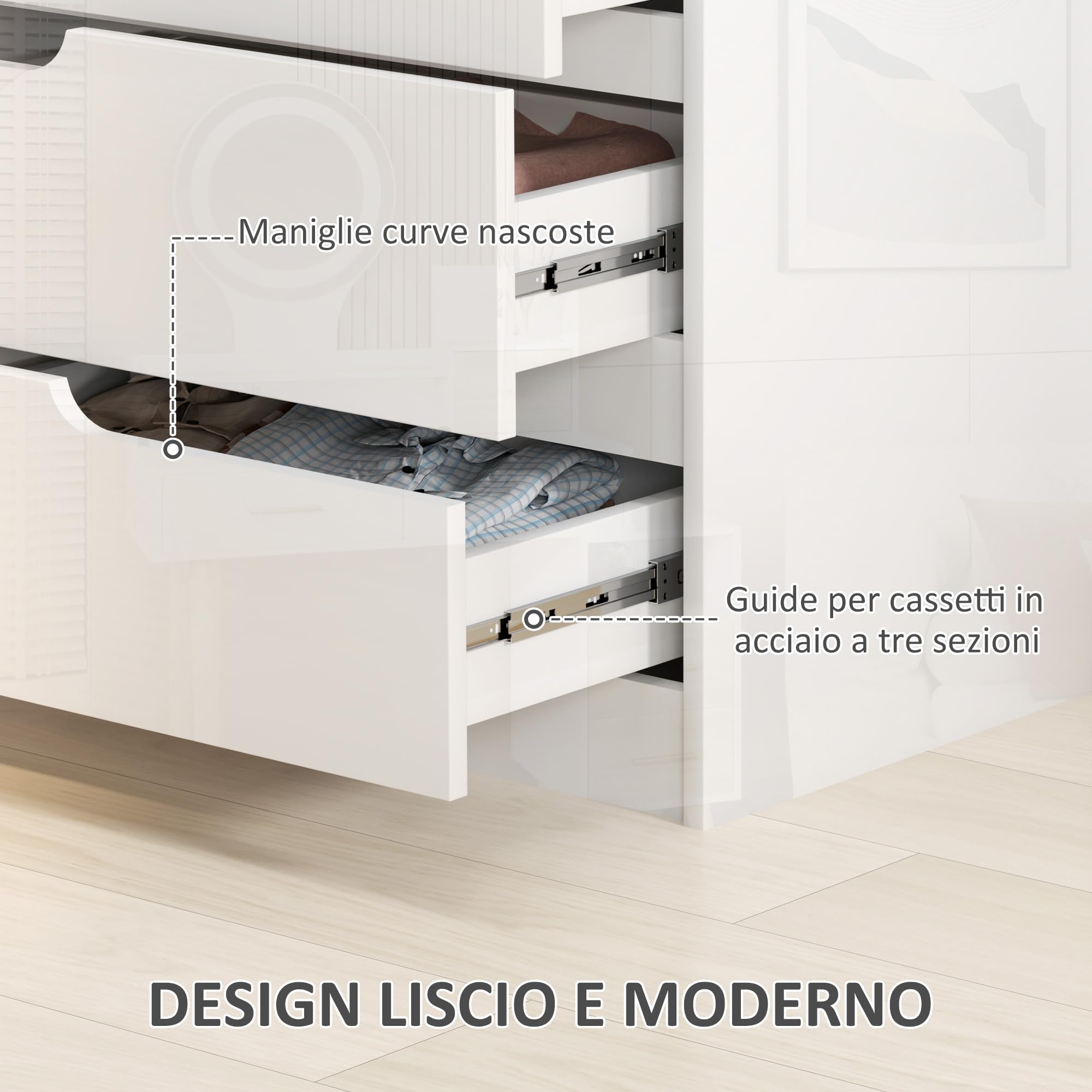 HOMCOM Cassettiera Camera da Letto con 4 Cassetti, Comò Camera da Letto in Legno, per Soggiorno Corridoio Ingresso, 60x40x85 cm, Bianco Lucido