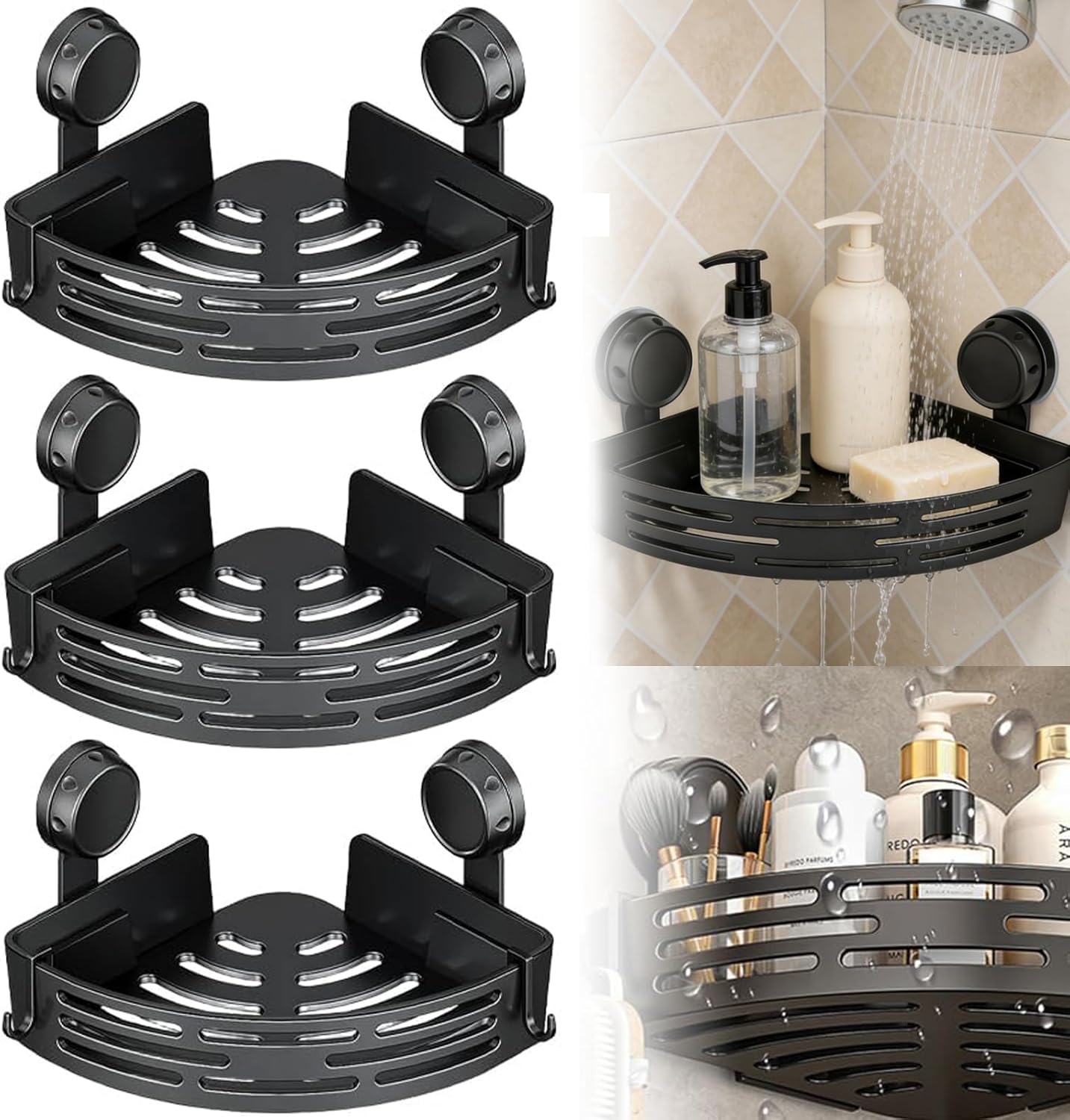 Corner Shower Caddy 3-Pack, No Drilling Adhesive Bathroom Shelf with Towel Bar & Hooks, Triangle Storage Organizer for Bathroom Kitchen RV, Fast Draining & Heavy Duty (Black)