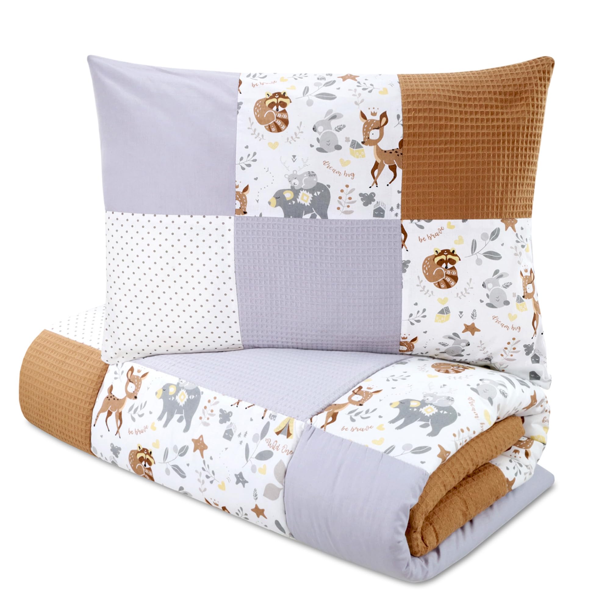 Copripiumino Bambini Patchwork 120x90 Cm - Con Cuscini - Cotone Stampato Cervo