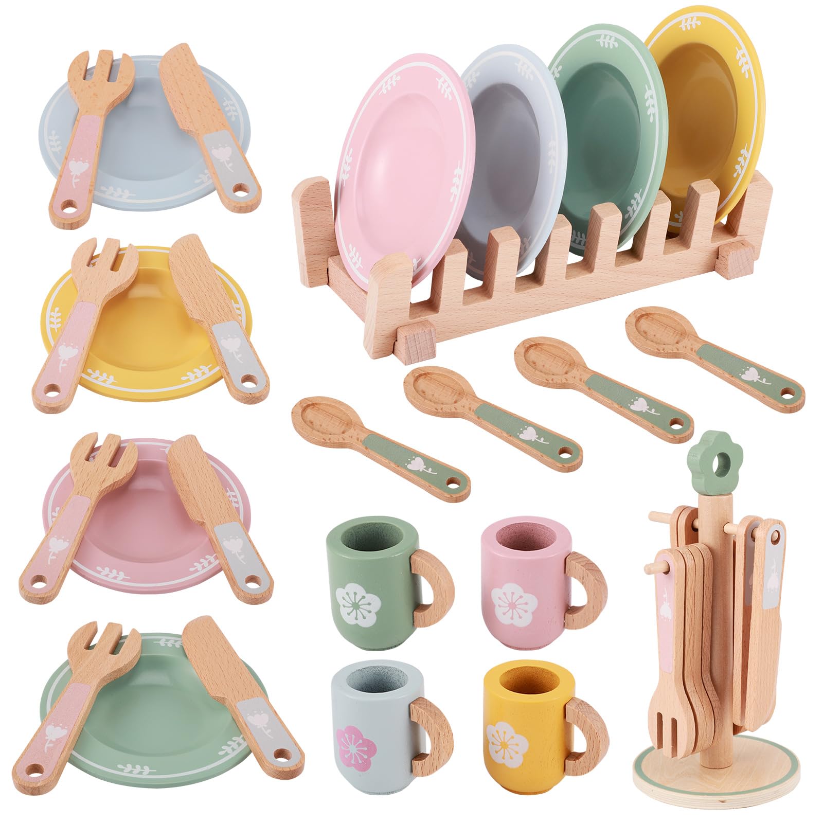 Wooden Tea Set for Toddlers Toy, 22 PCS Kitchen Accessories Role Play Cooking Toy, Kids Pots and Pans Playset, Tea Set for Toddlers Girls Boys Age 3 4 5