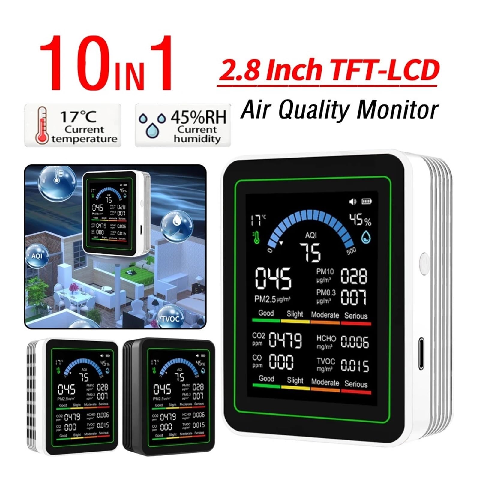 Air Quality Monitor, Monitor A Qualità 'aria 10 IN 1 Tester CO2 CO TVOC HCHO PM Rilevatore Di Formaldeide Misuratore Umidità A Temperatura Con TFT Da 2,8 Pollici(Black)