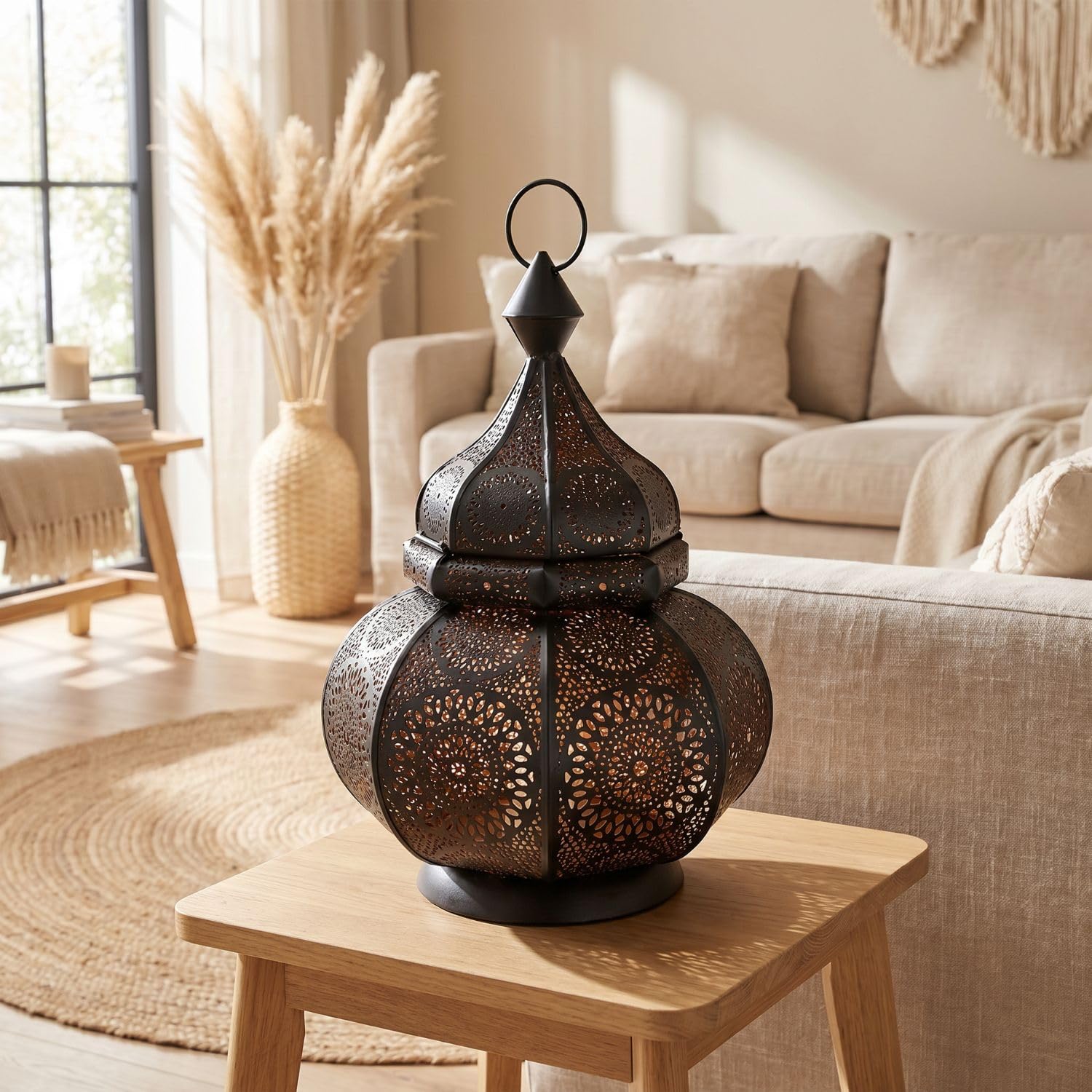 Farol portavelas Oriental de Metal - Candelabro para el jardín - Decorativo para la Mesa - Ziva Negro - transmite Buen Ambiente - Pasa un Buen rato en el jardín