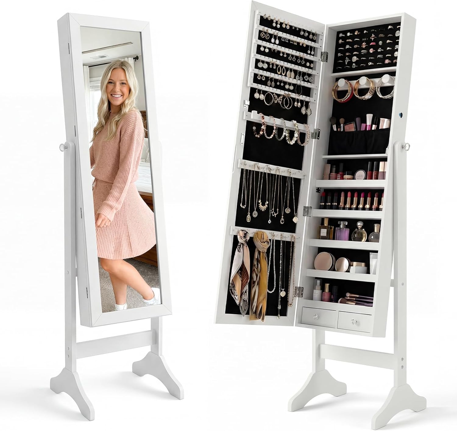 Antok Full Length Jewelry Cabinet with Mirror & Large Storage - 61" Standing Lockable Armoire Organizer, Floor to Ceiling Model for Bedroom or Dressing Room, White