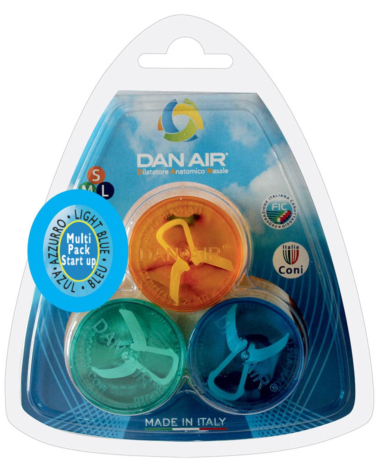 DanAir - 3 Dilatatore Nasale Antirussamento Made in Italy, Divaricatore Naso per Attività Sportive - Dispositivo Anti Russamento Uomo Donna, Respirare Meglio dal Naso (Azzurro S M L)