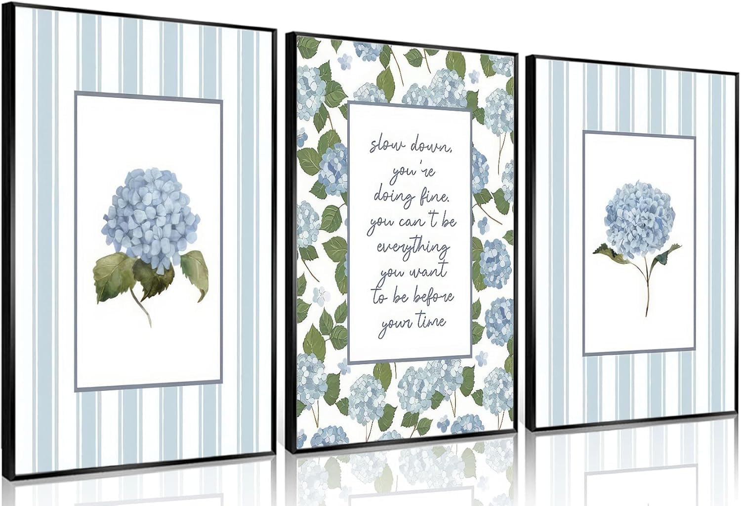 lianyibo 3Pcs Blue Hydrangea Canvas Wall Art Trendy Blue White Striped Floral Inspirational Posters Prints Girly Bedroom Decor(70x100cmx3/Inner frame)