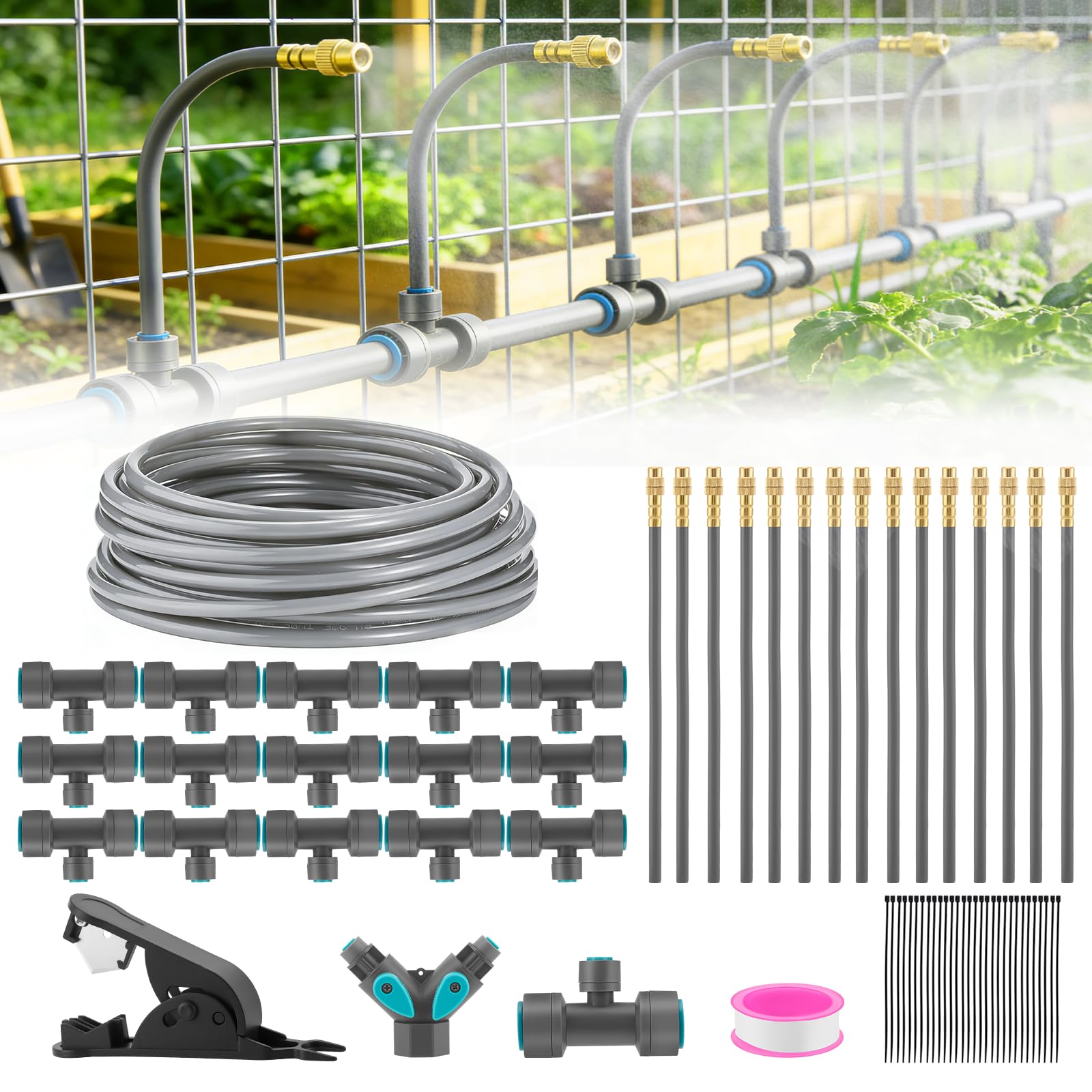 360° Adjustable Drip Irrigation System Kit, 66FT Automatic Garden Watering System with Quick-Connect 1/4" Tubing, 32 Bendable Nozzles for Vegetable Beds, Lawn, Greenhouse & Potted Plants