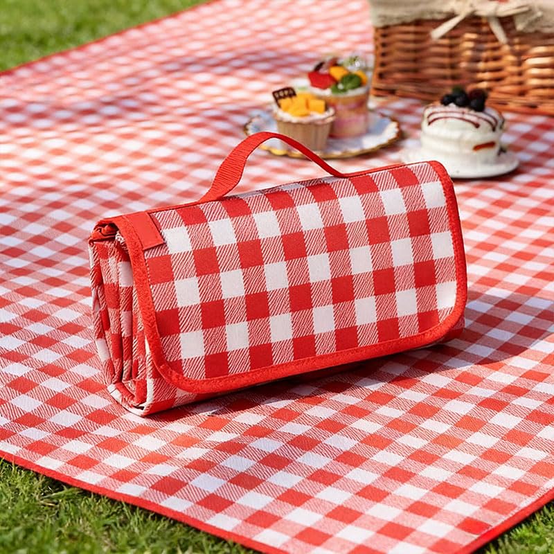 Portable Picnic Blankets with Handle, Waterproof Sand Proof Beach Blanket, Packable Plaid Blanket, Outdoor Large Mat for Travel Camping Hiking Concert Park, 59"×78.7", Red