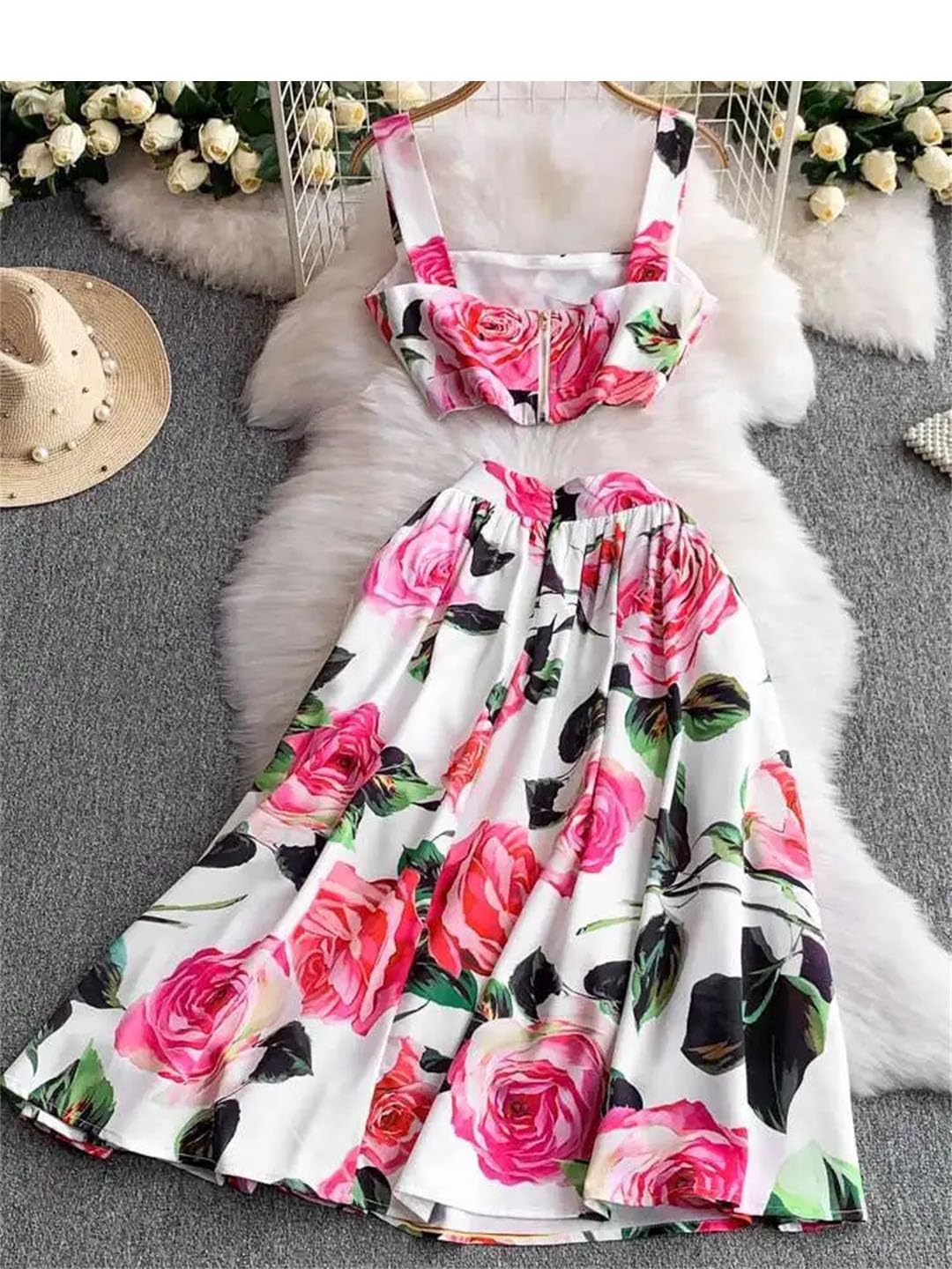 Vestido largo de playa sexy floral para mujer, top corto, chaleco de vacaciones con estampado midi