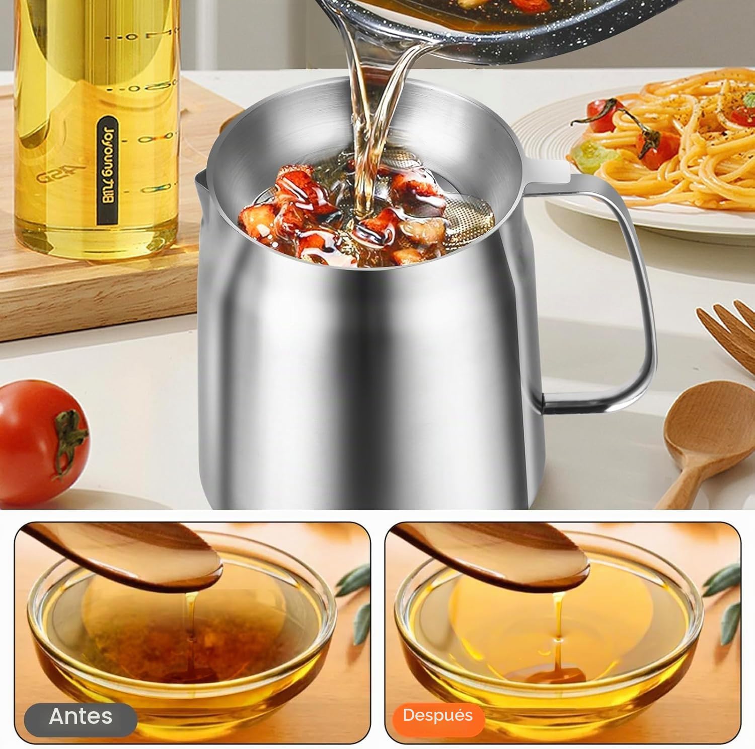 Cacerola para freír con filtro de malla fina, acero inoxidable, depósito de aceite de 2 l y recipiente de grasa para freír y grasa para alimentos, utensilios de cocina