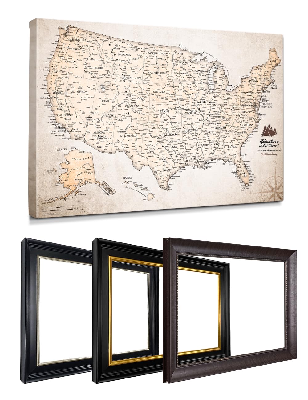 IPIC Personalized Vintage Framed USA Map Pin Board, Image Size 36x24 in