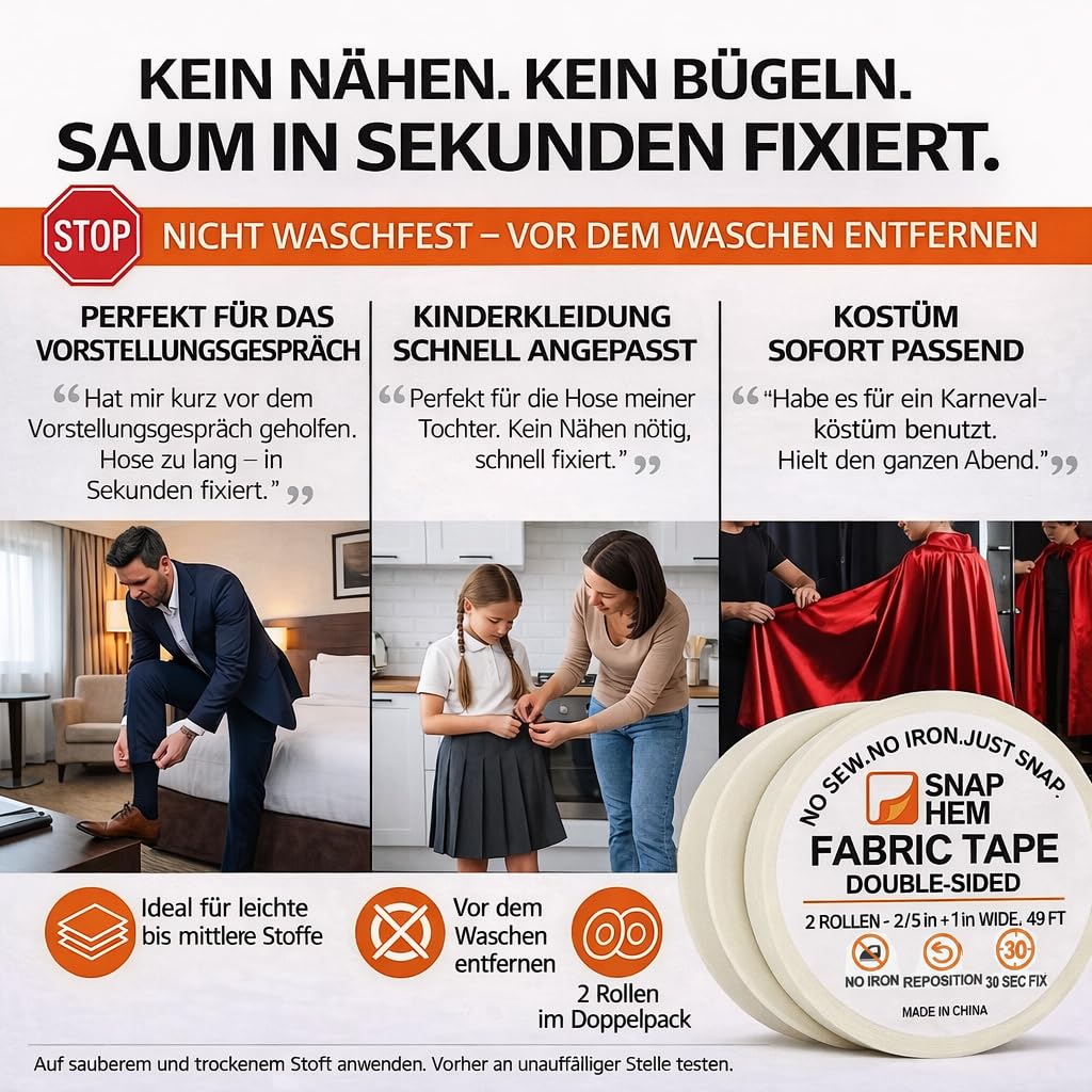 No Sew No Iron Hem Tape – Quick Fix Fabric Tape for Clothing & Curtains – Instant Wardrobe Repair , Easy to Use, Travel Essential