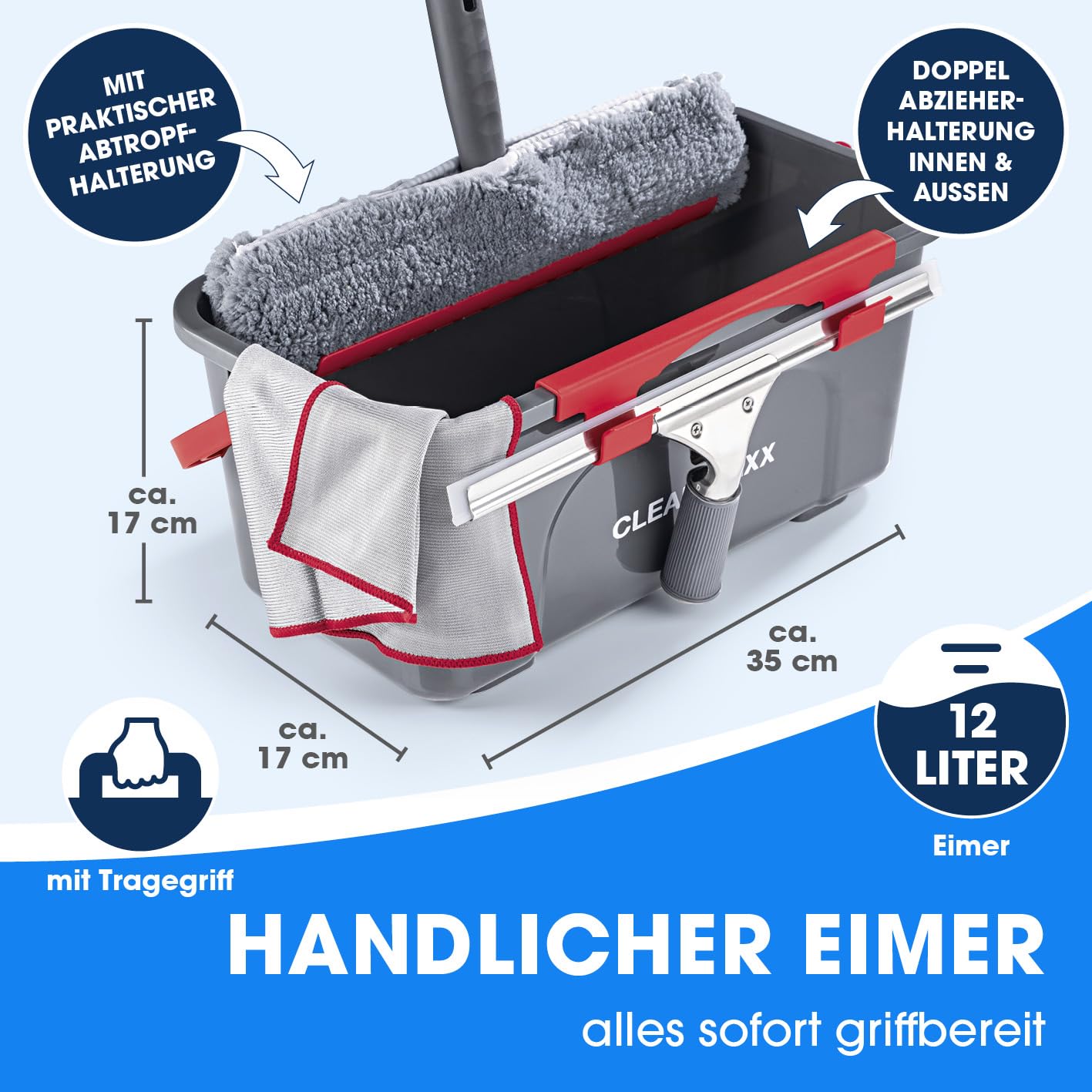 CLEANmaxx Fensterreiniger Set | 7-TLG. Fensterputzer Set für Oberflächen in Haus & Auto - inklusive Fensterabzieher, Fensterwischer, Reiniger, Wischtuch, Eimer und Halterungen für Wischer & Abzieher