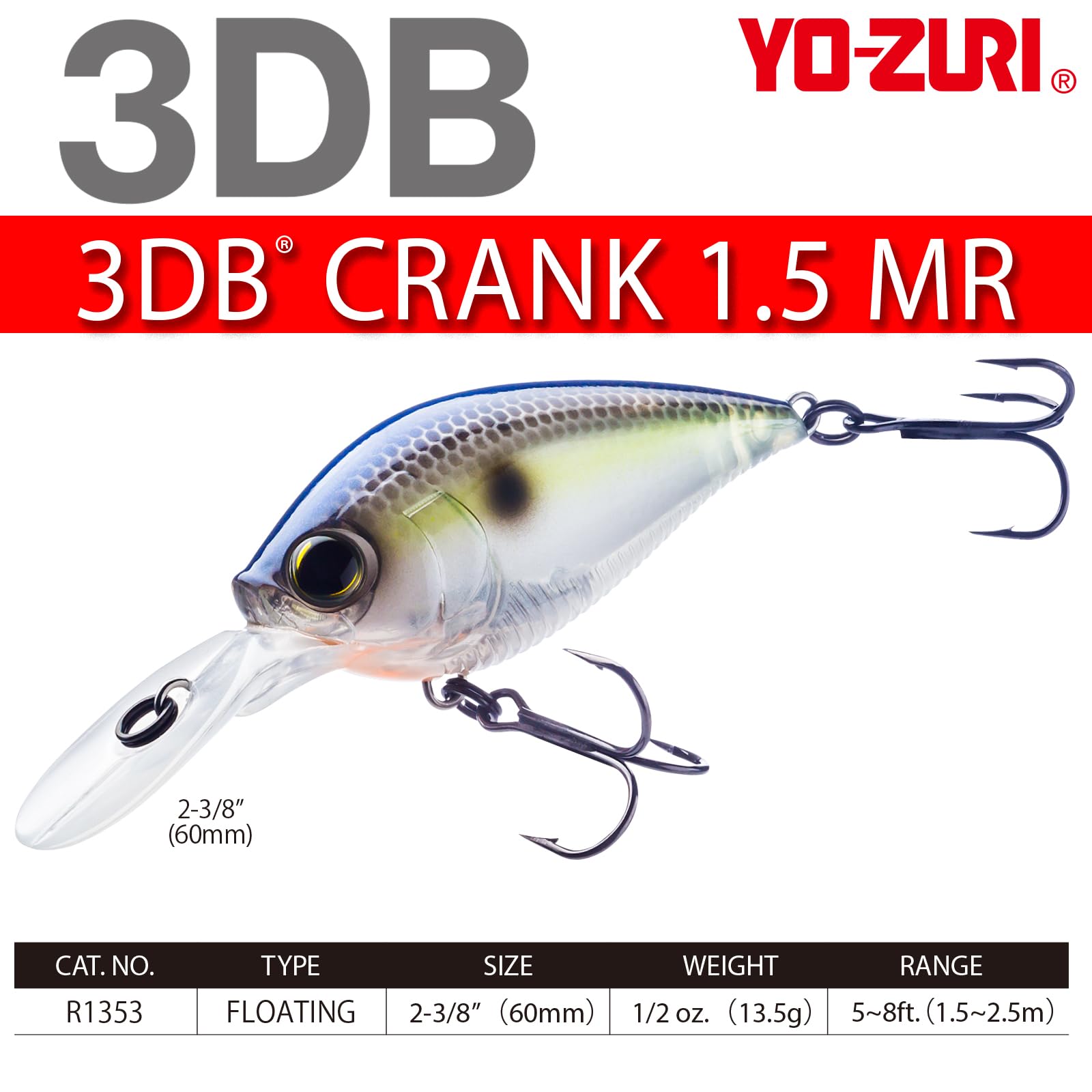 Yo-Zuri Real Gizzard Shad R1353-RGZS - Cebo Artificial Unisex para Adultos: manivela de 3 dB 1,5 Mr (F) 60 mm, Talla única