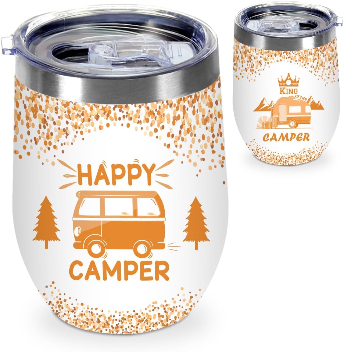 Camping Gifts for Men, Happy Camper 12 oz Insulated Wine Tumbler with Lid, King of the Camper Stainless Steel Tumbler Cups, RV Gifts for Men Camping Lovers Outdoors Hiking