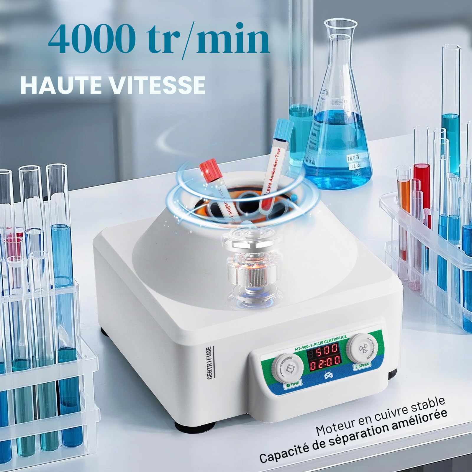 Mxmoonant Centrifugeuse de Laboratoire, 4000rpm, 6x15ml, 1685xg, 60min | pour Tubes à Essais 15ml/10ml/5ml, pour Séparation D'échantillons, Analyse Qualitative (Prise EU)