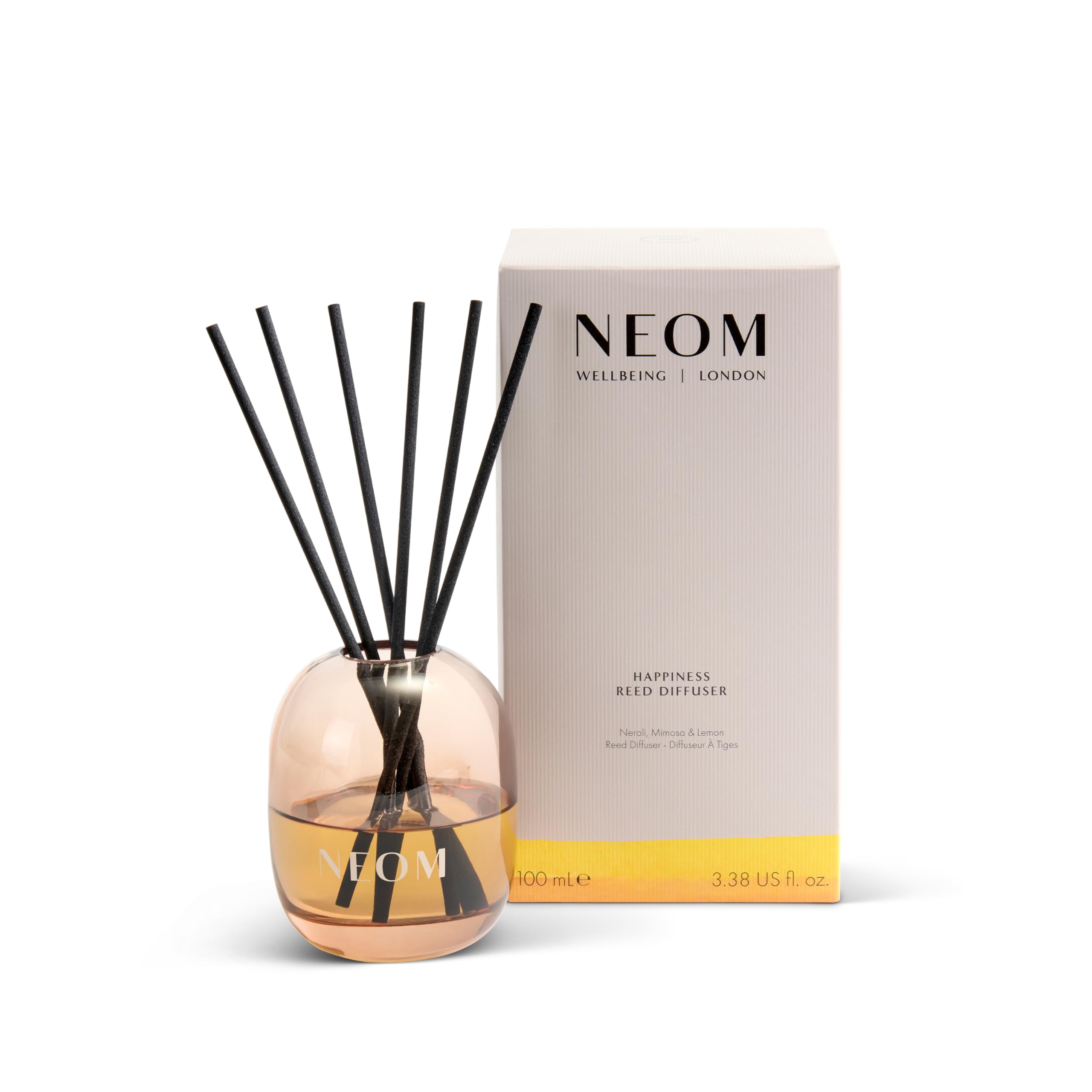 Neom Brown Happiness Reed Diffuser, 100Ml | Neroli, Mimosa & Lemon I Lasts 12 Weeks I Pure Essential Oils I 100% Natural I Refillable & Reusable