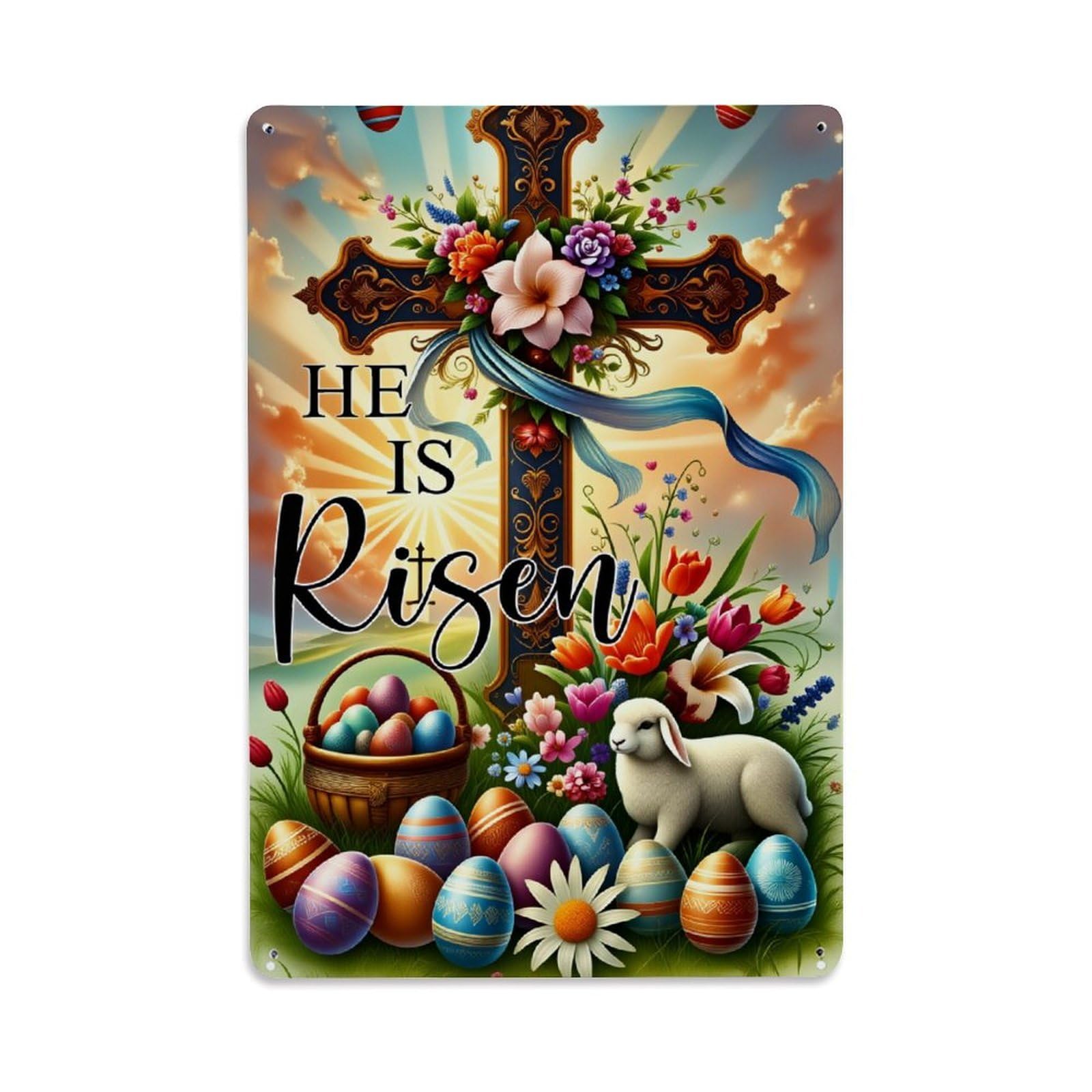 Enderetf Vintage He Is Risen Cross Easter Tin Sign Metal Poster, Home Bar Garage Man Cave Cafe Indoor & Outdoor Wall Decoration 8X12inches