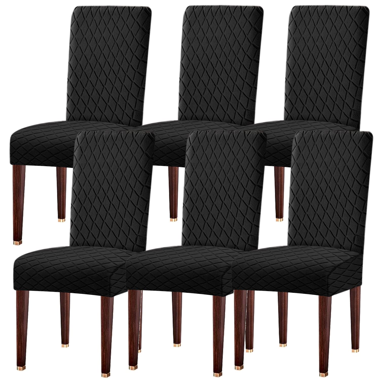 LANSHENG Dining Chair Covers Set of 6, Stretch Dining Chair Protector Slipcovers Jacquard, Elastic Removable Washable Chair Seat Cover for Dining Room Kitchen Banquet Restaurant Home, Black