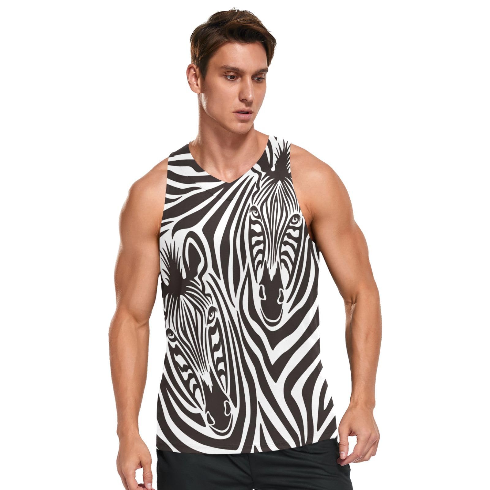 Linomo Mens Tank Tops Zebra Print Summer Sleeveless Tops Sports Vest Athletic Training Gym Training Tops T-Shirt Multicoloured