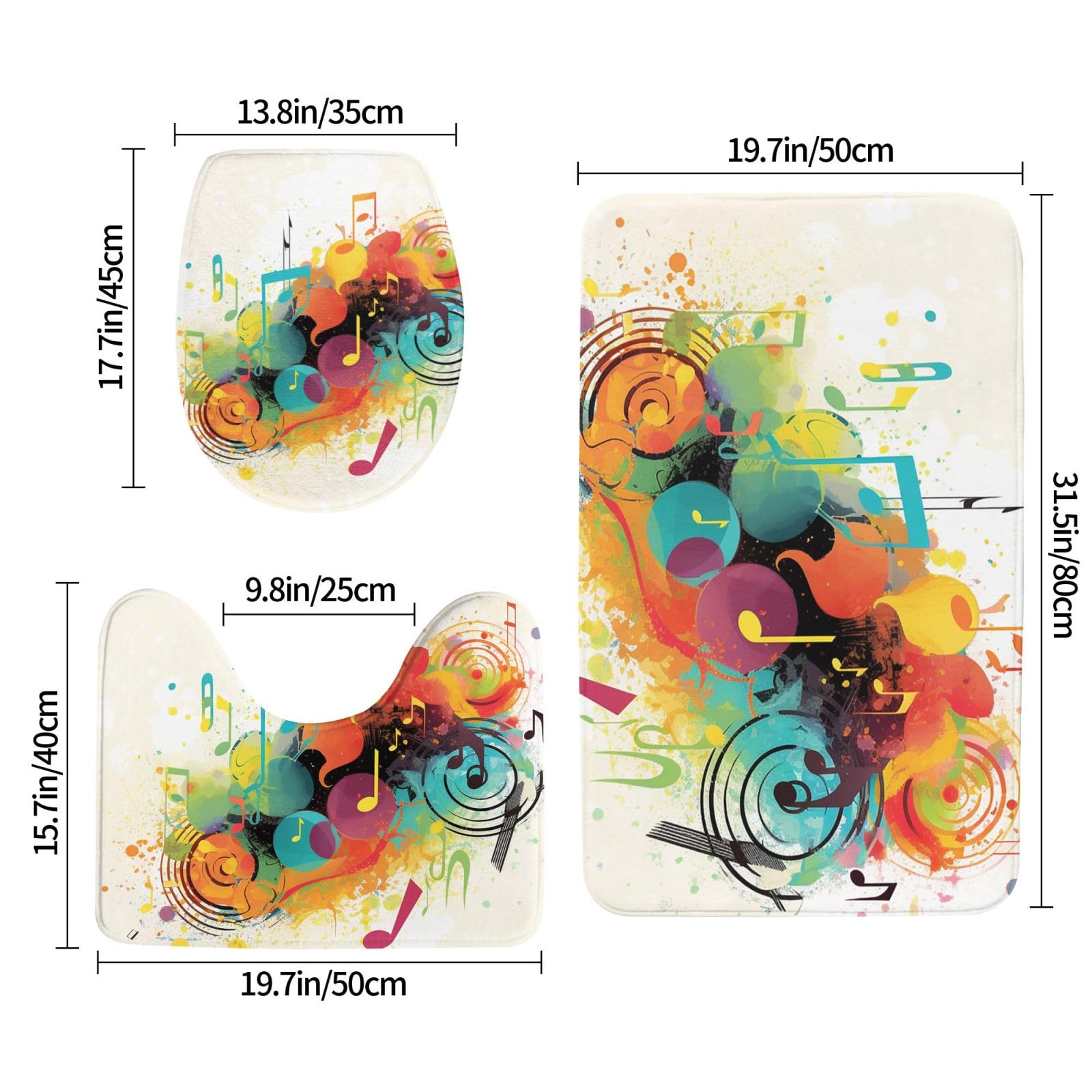 Musica astratta a tema stampa tappeto da bagno Set 3 pezzi con antiscivolo a forma di U Contorno Mat e coperchio WC per la decorazione del bagno