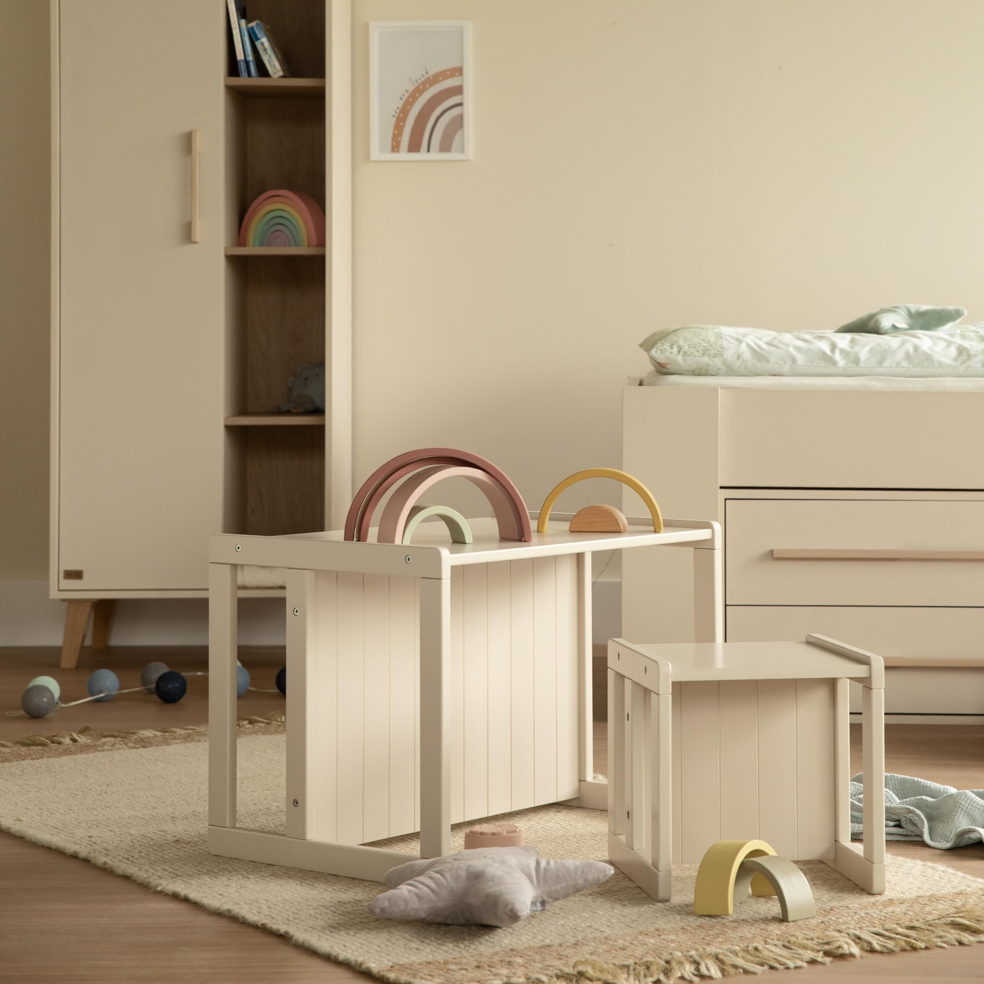 roba Sitzbank für Kinder im Landhausstil - Bank zum Wenden mit 2 Sitzhöhen - als Kindertisch verwendbar - Holz beige/Cashmere