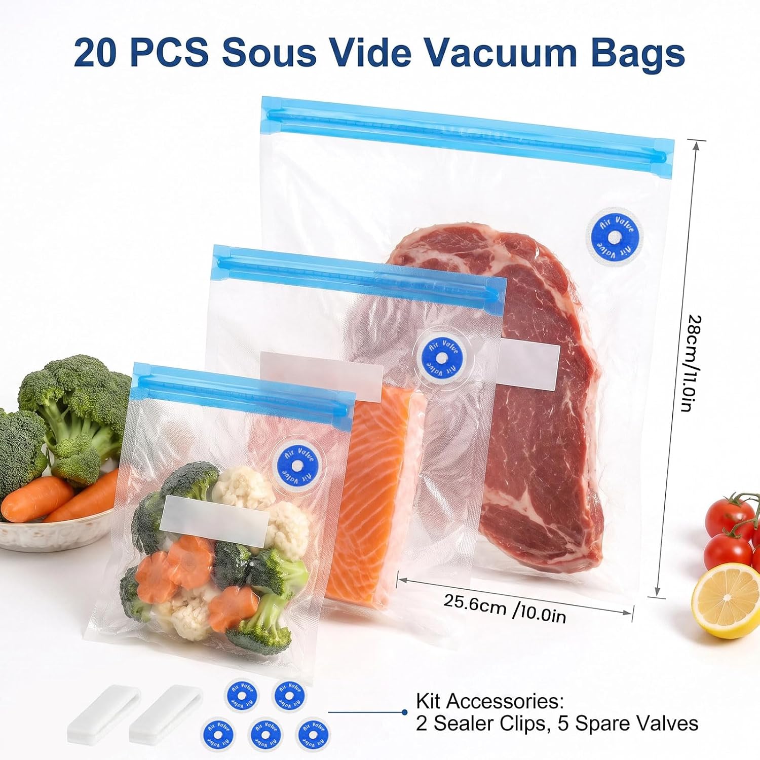 Reusable Sous Vide Vacuum Sealer Bags, BPA‑Free Resealable Food Storage Bags, 11.81×13.39 Inch for Freezer Microwave, with Sealer Clips & Spare Valves
