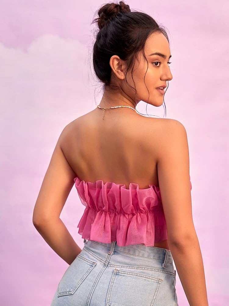 Verdusa Women's Layered Ruffle Trim Strapless Organza Tube Top