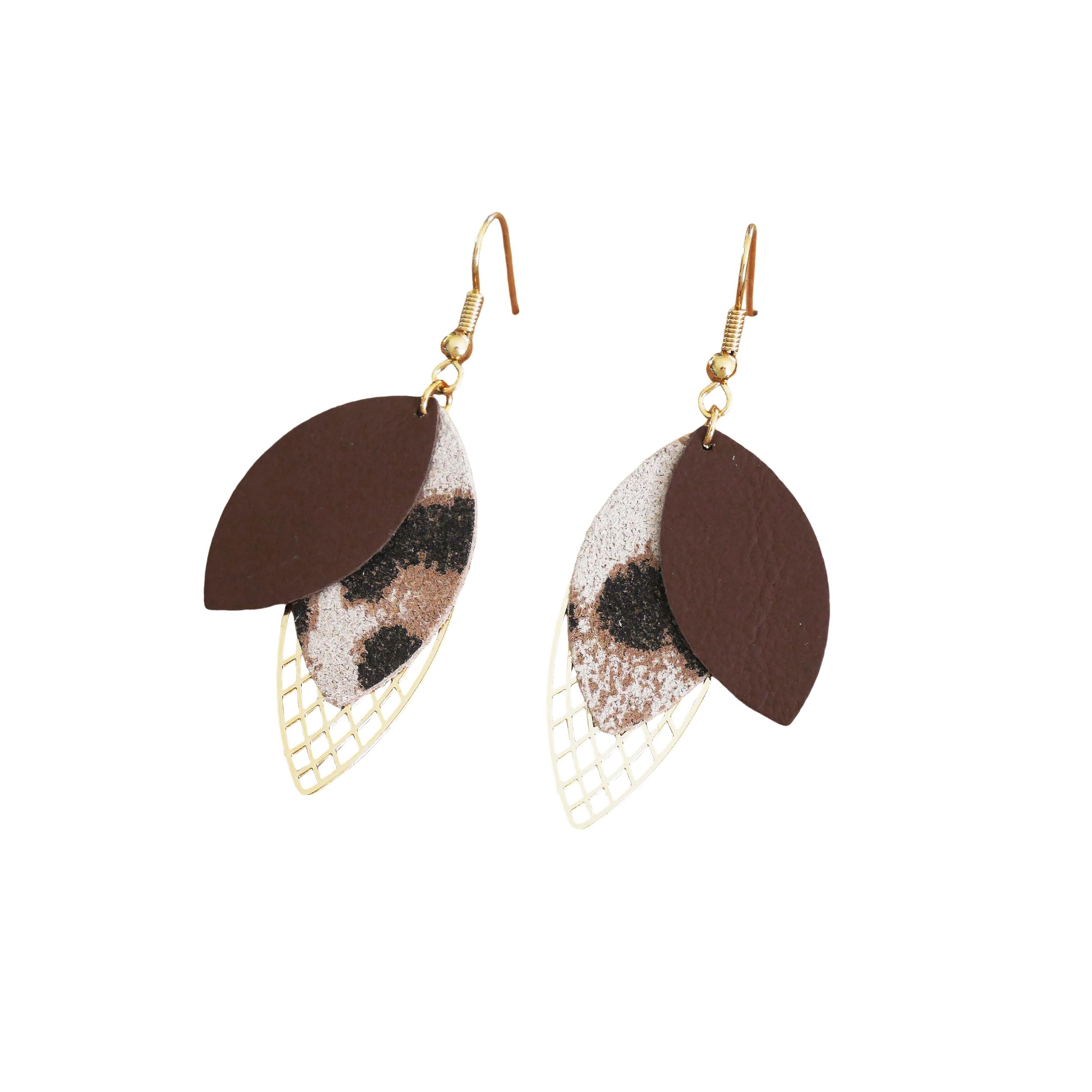 Boucles pendantes feuilles cuir marron et léopard haute qualité - 5