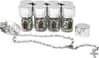 12pcs Rosary In Glass Jar Bottle Scented Beads White Beaded Rosary Silver CATHOLIC Crucifix Necklace Lady Guadalupe Virgin Mary of 12