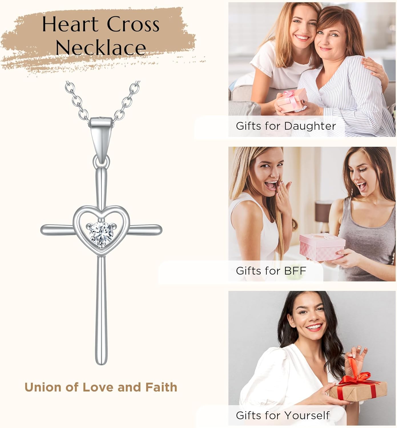 NORBU 925 Sterling Silver Heart Cross Necklace for Women, Heart Cross Necklaces with 5A CZ Diamond, Womens' Religious Christian Jewelry Valentine’s Day Gift for Her Birthday Baptism - Image 4