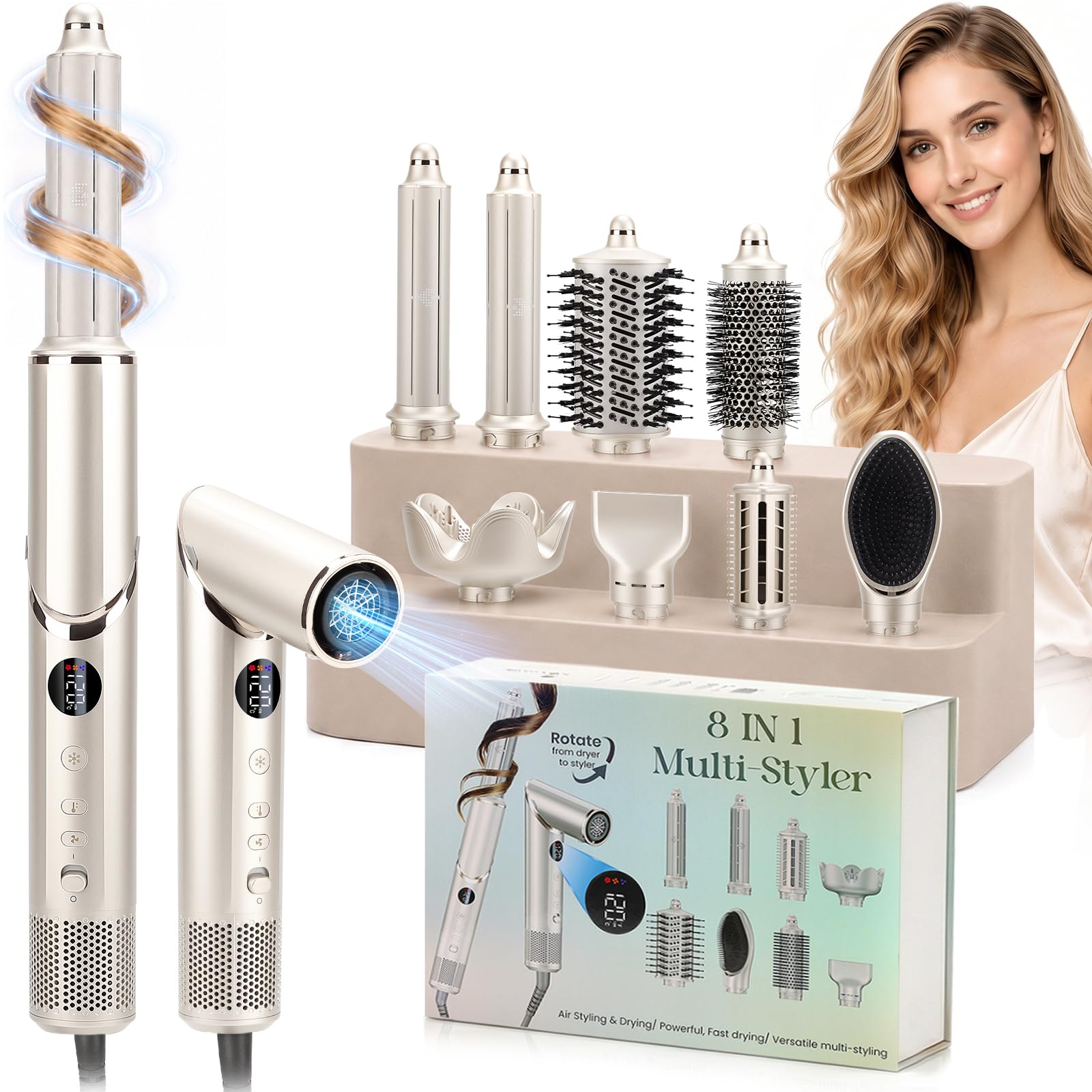 NEW 8 in 1 Hairstyler Set LCD-Display Multistyler 110,000 U/min Airflow Faltbares Kaltluftfunktion Heißluftbürste Schnelles Trocknen Glätten Locken und Volumen mit Ionen Haartrockner