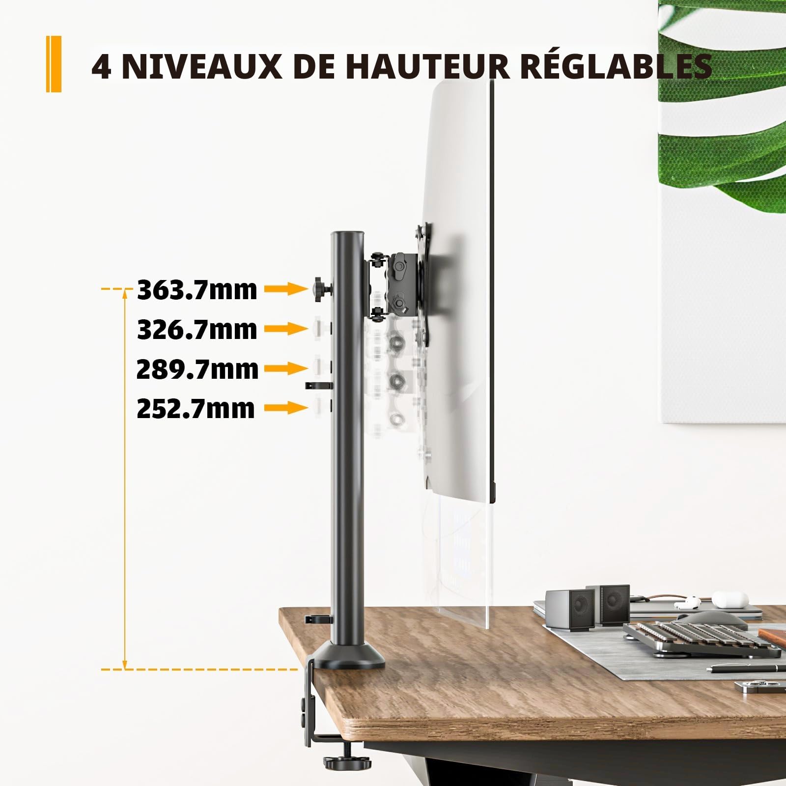 HEMUDU Bras de Support pour écran d'ordinateur Plat incurvé de 33 cm à 81,3 cm avec Pivot, Hauteur réglable, Rotation, Peut Supporter jusqu'à 35 kg, Noir