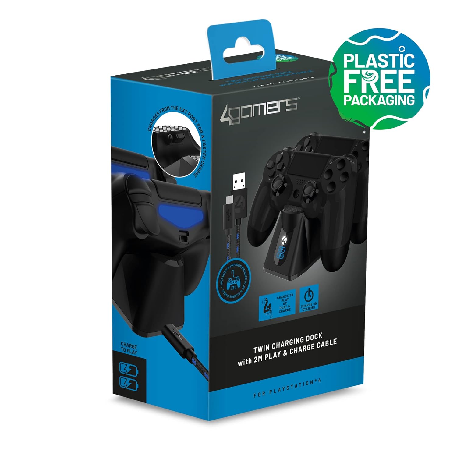 4Gamers SP-C100 Twin Charging Dock with 2M Play & Charge Cable Compatible with PS4