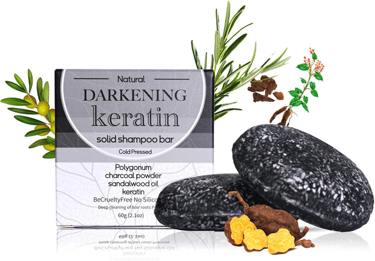 Tongyend Bamboo Charcoal Shampoo Bar, Hair Darkening & Growth, Grey Reducing, Anti Hair Frizz & Dandruff, 60g Unisex, Sandalwood Scent