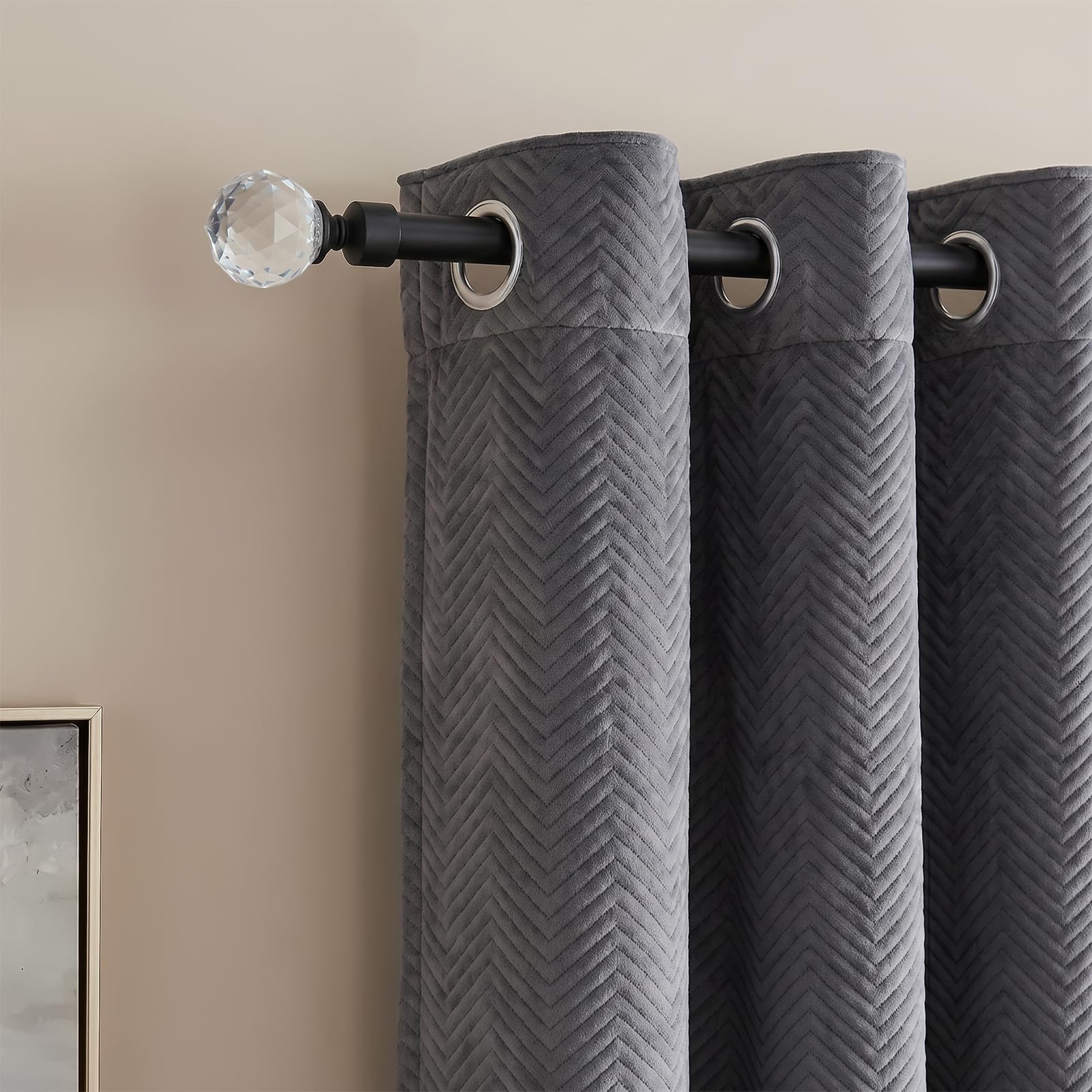 OHS Black Curtain Pole Crystal Ball, 120-220cm Extendable Curtain Poles 16mm Sturdy Metal Rod and Finials Adjustable Window Curtains Poles Brackets Included Easy To Install