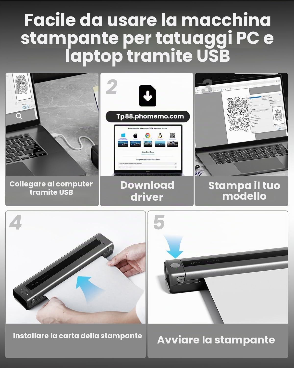 Phomemo Stampante Stencil Tattoo, TP88 Stampante Termica Tattoo Portatile, A4 Stampante Tattoo Printer, Stampante per Tatuaggi Bluetooth per Smartphone e PC con 10pcs Tattoo Transfer Paper
