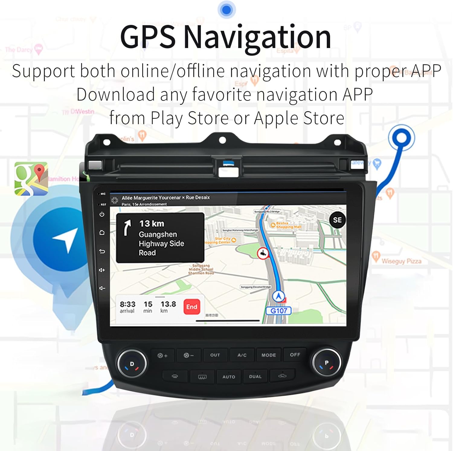 Screenshot of the EZoneTronics car radio displaying a GPS navigation map, with an arrow pointing to the GPS antenna connection on the unit's rear.