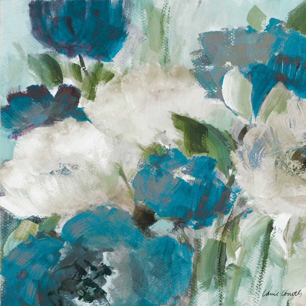 Lienzo con caja americana Indigo Power Square I Loreth Lanie - Cuadrado floral Art print índigo flores de poder floral azul verde hojas tallo marco flotante 27_X_27_in