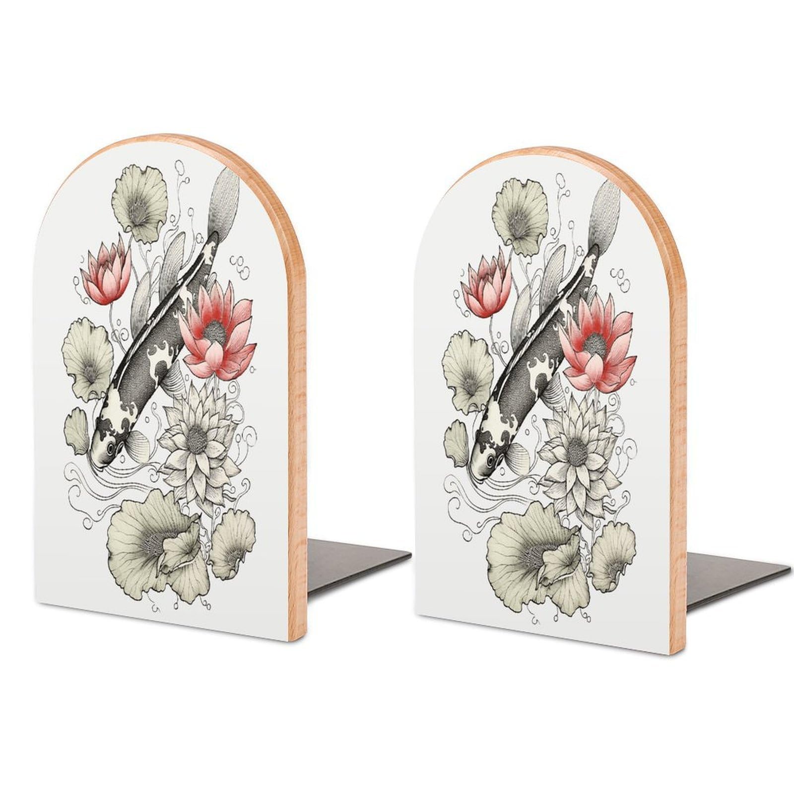 Fish Japanese Carp Lotus Leaves Flower Bookend Wood Book End for Shelves Heavy Duty Non-Slip Wooden Bookend Support Universal Economy Bookends Fancy Modern Decorative Book Accessories 1 Pairs