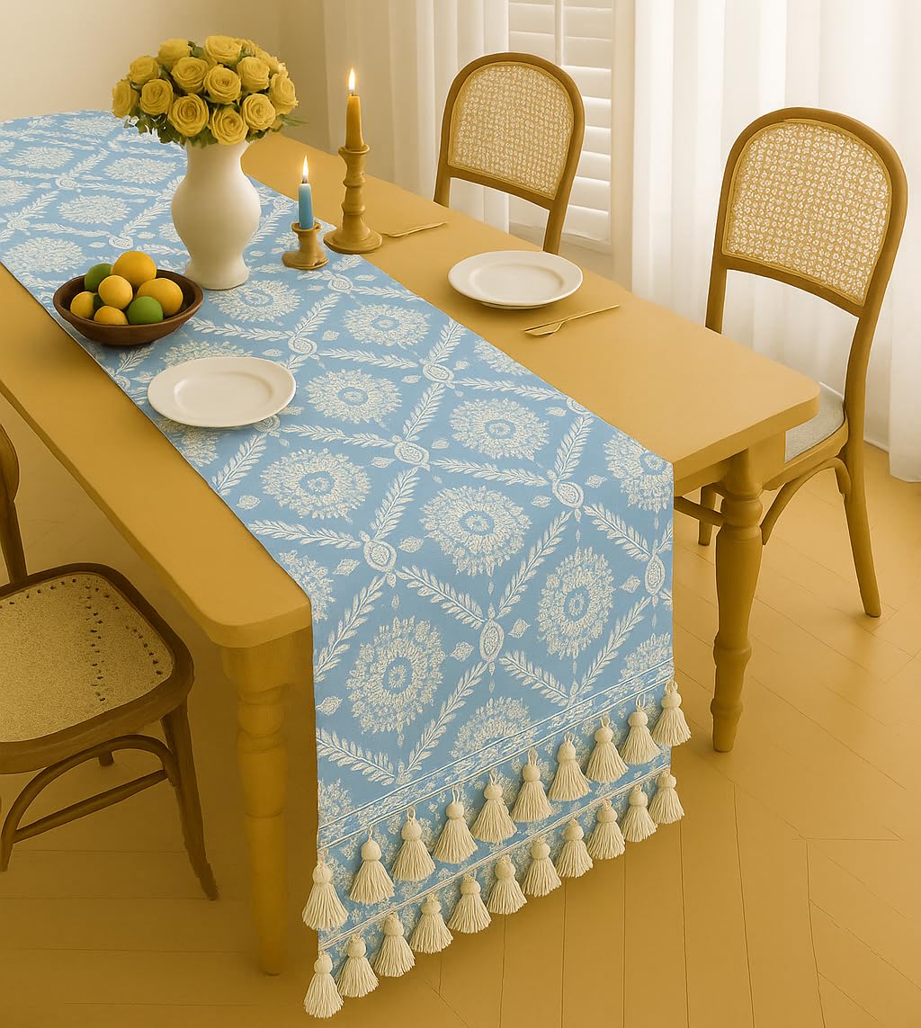 WWW.THROWPILLOW.IN Powder Blue Floral Boho Table Runner with Tassels & Kowri 13x72 Inches | Fits 5 Feet TV Unit Cabinet, Center Table, Coffee Table, Dining Table, Entry Console| Diwali Festive Decor 4