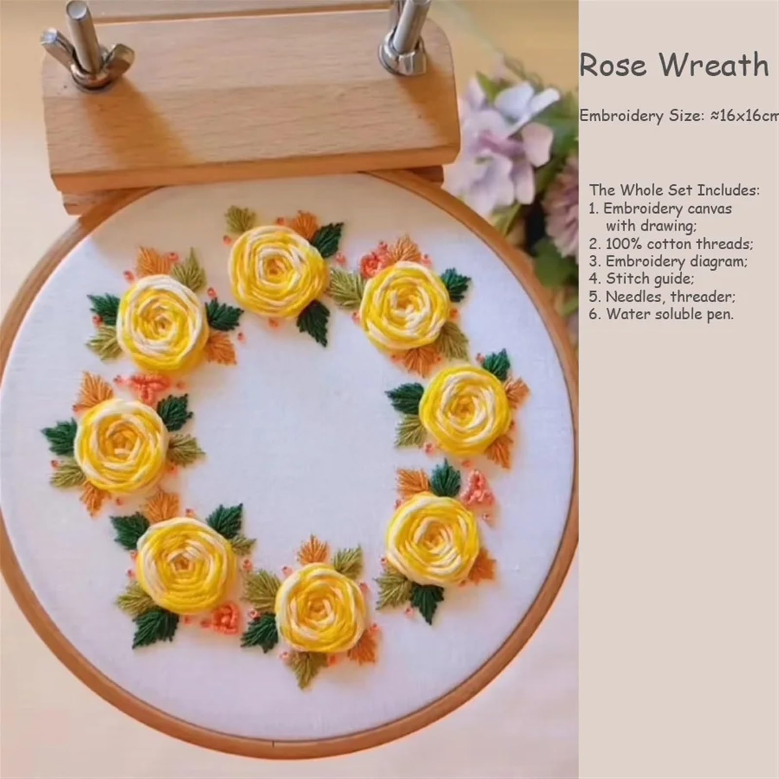haft, Zestaw do haftowania, zestaw w stylu vintage Żółta róża Wieniec kwiatów Róże Malowanie igłą(With hoop)